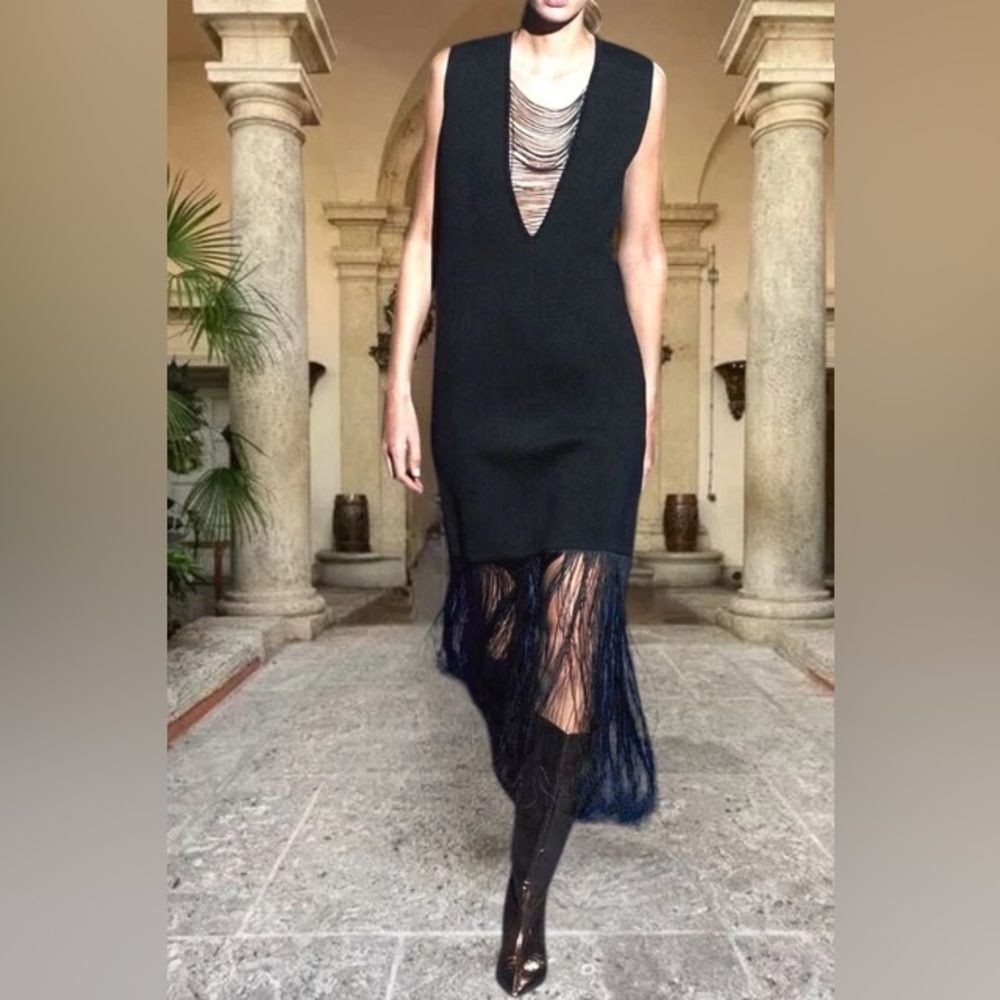 ZARA Black Knit Fringe Hem Dress M Deep V Neck Runway-Inspired Evening Midi